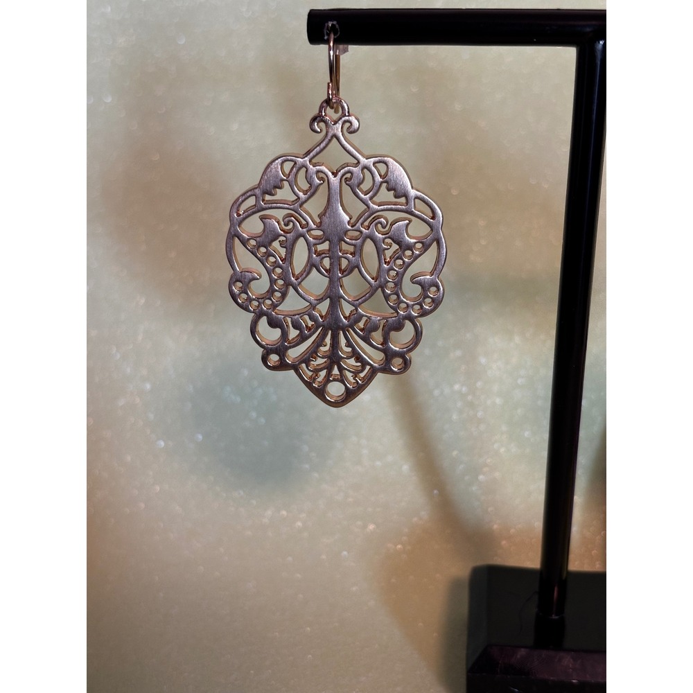 Rose Gold Tone Filigree Drop Earrings Moroccan Scroll Openwork Dangle Statement - Picture 2 of 4